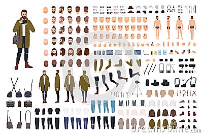 Man photographer or photo journalist creation kit or animation set. Bundle of body parts, clothes, accessories. Male Vector Illustration