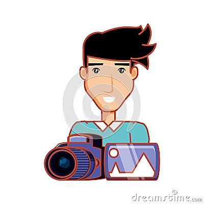 Man with photographic camera and picture Vector Illustration