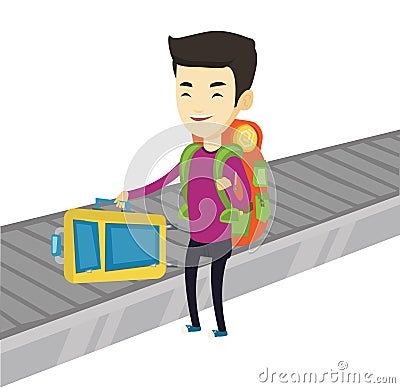 Man picking up suitcase on luggage conveyor belt Vector Illustration