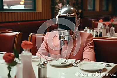 A man in a pink suit sitting at a table. AI. Stock Photo