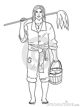 A man is a pirate, a cabin boy or ships boy. Vector, Object isolated Children coloring, black lines, white background Vector Illustration