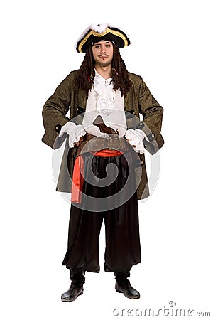 Man in a pirate costume with pistol. Isolated Stock Photo