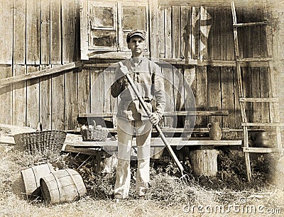 Man with a pitchfork Stock Photo