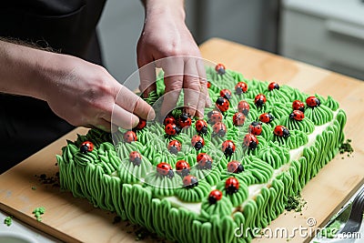 man placing fondant ladybugs on cake with green icing hedges Stock Photo