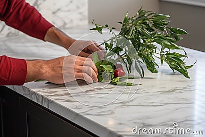 man placing a fresh chili pepper plant on a marble kitchen countertop Stock Photo