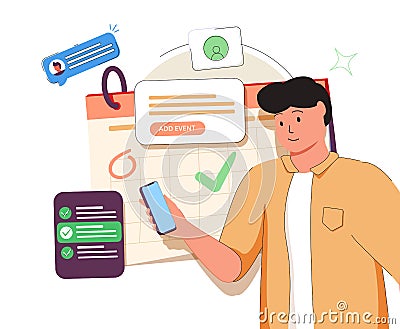 Man planning day, scheduling appointments on cell phone in calendar application. Person texting messages, checking. Vector Illustration