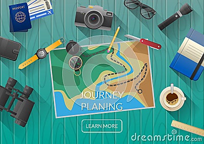 Man planning vacation trip with map. Top view. Vector Illustration