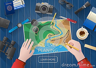 Man planning vacation trip with map. Top view. Vector Illustration