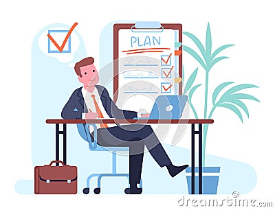Man plans his to do list by making notes in notebook. Agenda and deadline planning. Completed tasks. Worker sitting at Vector Illustration