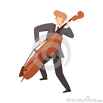 Man Playing Cello, Male Musician Contrabassist Character in Elegant Suit with Musical Instrument Vector Illustration Vector Illustration