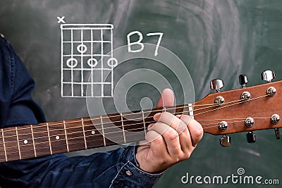 Man playing guitar chords displayed on a blackboard, Chord B7 Stock Photo