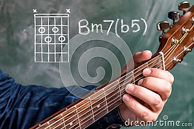 Man playing guitar chords displayed on a blackboard, Chord B minor 7b5 Stock Photo