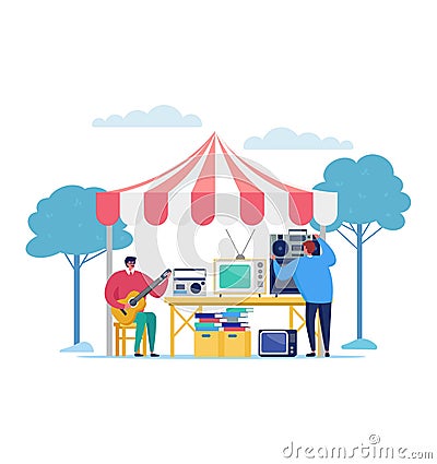 Man playing guitar and person with camera at flea market stall. Outdoor market sale of vintage electronics, music, hobby Cartoon Illustration