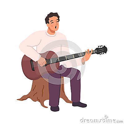 Man playing guitar sitting on tree stump Vector Illustration