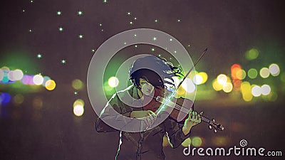 Man playing magic violin Cartoon Illustration