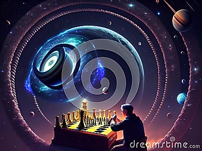 A man playing 3D chess, with a strange outer space background, generated by AI. Stock Photo