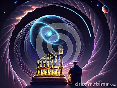 A man playing 3D chess, with a strange outer space background, generated by AI. Stock Photo