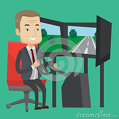 Man playing video game with gaming wheel. Vector Illustration