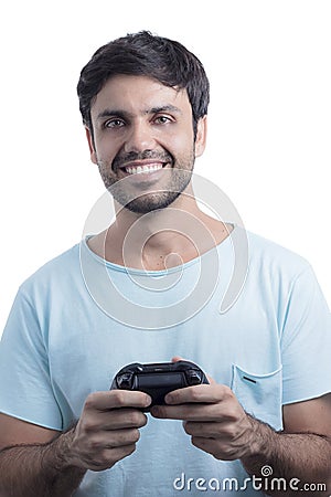 Man playing video game with wireless joystick Stock Photo