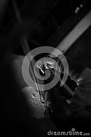 Man playing a violin in a shadowy room with focus to his fingers Stock Photo
