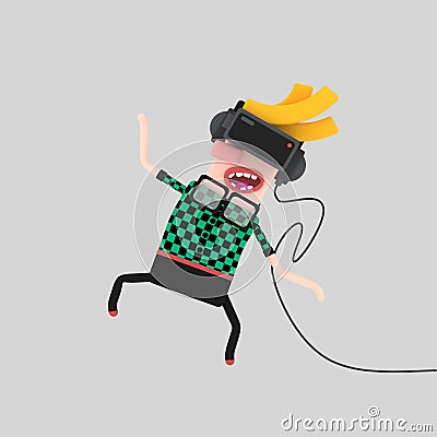 Man playing with virtual reality set 3D Cartoon Illustration