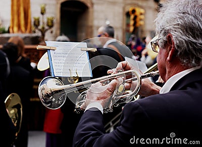 Man Playng Brass Lacquered Trumpet during Outdoor Concert Stock Photo