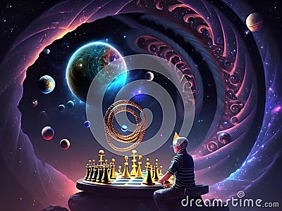 A large circular chess set, with a strange outer space background, generated by AI. Stock Photo