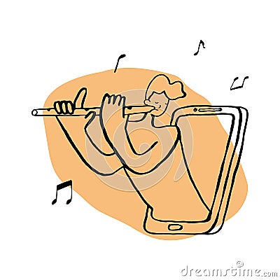 A man plays the flute inside the phone. Flute teacher. Online music lessons. Vector Illustration