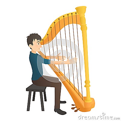 Man plays on harp icon, flat style Cartoon Illustration