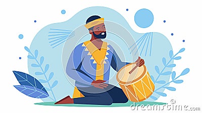 A man plays a traditional drum during a Juneteenth spiritual service using rhythmic beats to connect with the ancestors Vector Illustration