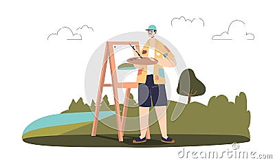 Man plein air painter drawing, male artist painting landscape outdoors in open air Vector Illustration