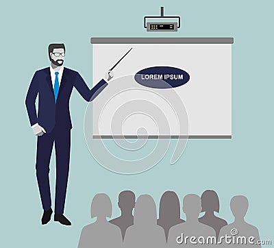 Man with pointer in presentation stand . Business lecture, seminar, report, presentation, coaching, meeting. Male in Business Sui Vector Illustration