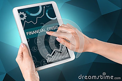 Man pointing with finger 'Financial crisis' inscription Stock Photo