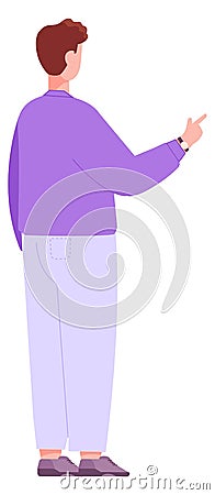 Man pointing finger rear view. Male character showing something Stock Photo