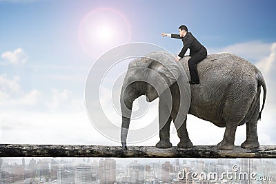 Man with pointing finger riding elephant walking on tree trunk Stock Photo