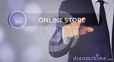 Man pointing at search bar with phrase Online Store on virtual screen, closeup Stock Photo