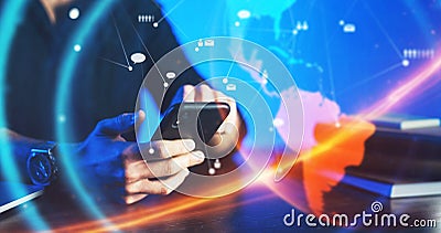 Man pointing on smartphone screen, chatting in social networks, meeting website, searching internet, sending sms, using text Stock Photo