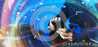 Man pointing on smartphone screen, chatting in social networks, meeting website, searching internet, sending sms, using text Stock Photo
