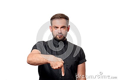 Man is pointing at a subscription button down Below Stock Photo
