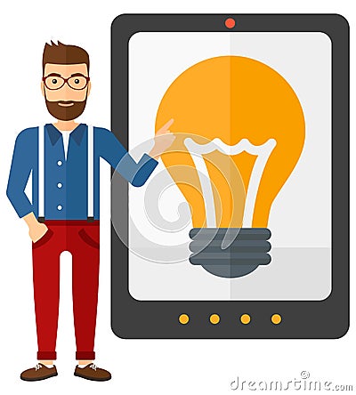 Man pointing at tablet computer with light bulb Vector Illustration