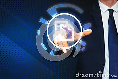 Man pointing at virtual icon of computer file on dark blue background, closeup Stock Photo
