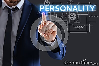 Man pointing at word PERSONALITY on virtual screen against dark background, closeup Stock Photo
