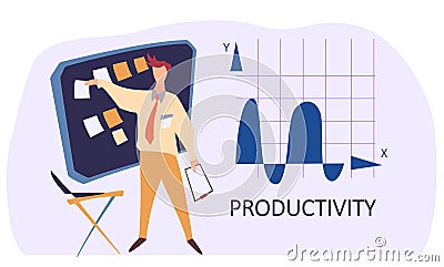 A man points to a board with stickers. Ilustration of dynamics of changes in the productivity graph Vector Illustration