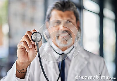 Man, portrait and doctor with stethoscope for cardiology exam, healthcare service and support or check. Heart, listening Stock Photo