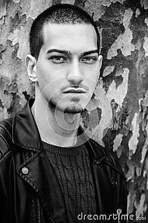 Man portrait outdoors. Handsome natural male. Black and white Stock Photo