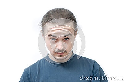 Man portrait wrikled face. bearded man looking with skin pucker isolated on white background Stock Photo