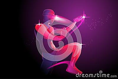 The man posing prepare to fight, by wearing virtual reality machine VR, imagination to fight someone in digital world, tai chi, Vector Illustration