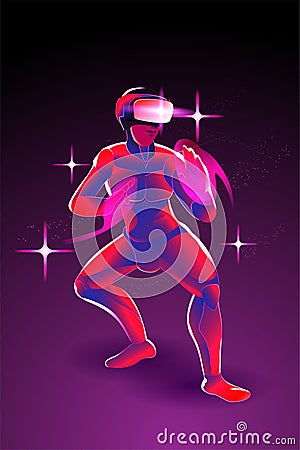The man posing prepare to fight, by wearing virtual reality machine VR, imagination to fight someone in digital world, tai chi, Vector Illustration
