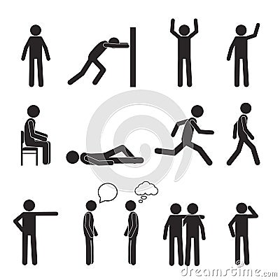 Man posture pictogram icons set. Human body action Vector Illustration