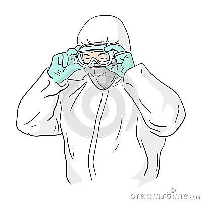 Man in ppe suit wearing protective glasses to prevent Covid-19 virus vector illustration sketch doodle hand drawn isolated on Vector Illustration